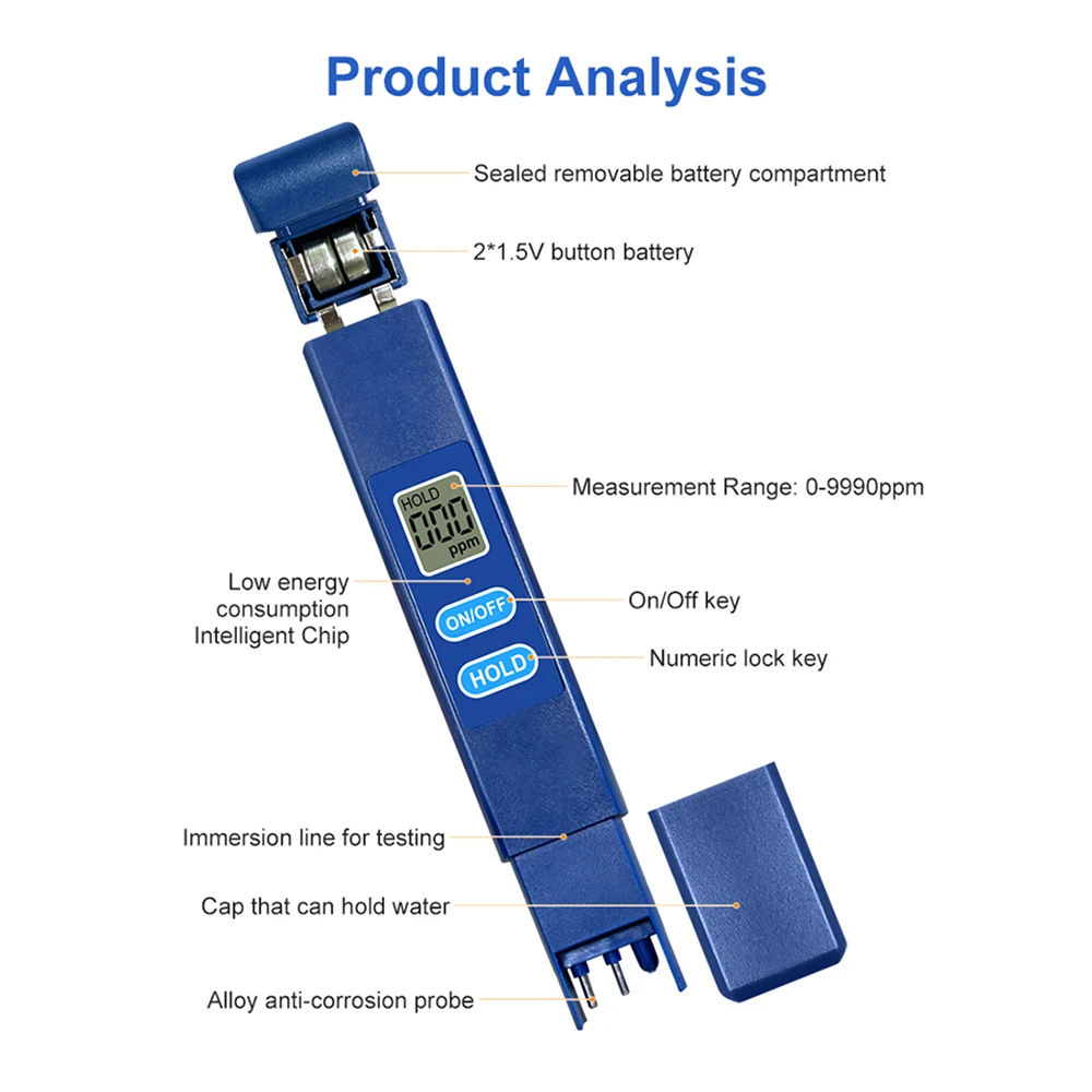 0-9990ppm เครื่องทดสอบคุณภาพน้ําแบบใช้มือถือ Digital TDS Meter ปากกาเครื่องวัดอุณหภูมิความบริสุทธิ์ของน้ําสําหรับ Aquarium Pool
