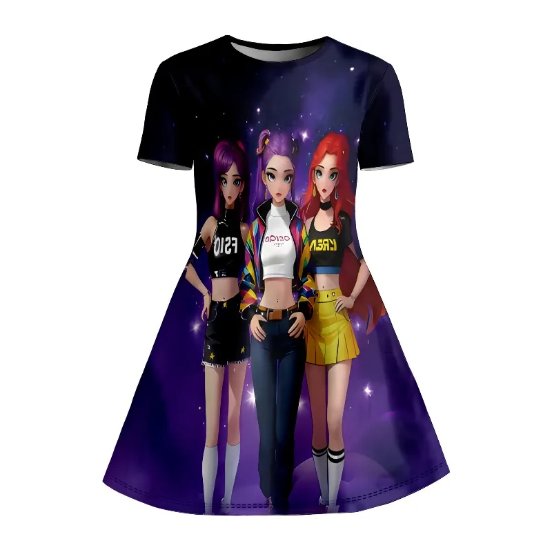 T-Shirt-Kleid mit Anime-Girl-Group-Aufdruck, K-Pop-Fan-Kinderkleid in Lila Galaxy, lässiges Kleid, geeignet für Geburtstagsgeschenke – Detail 6