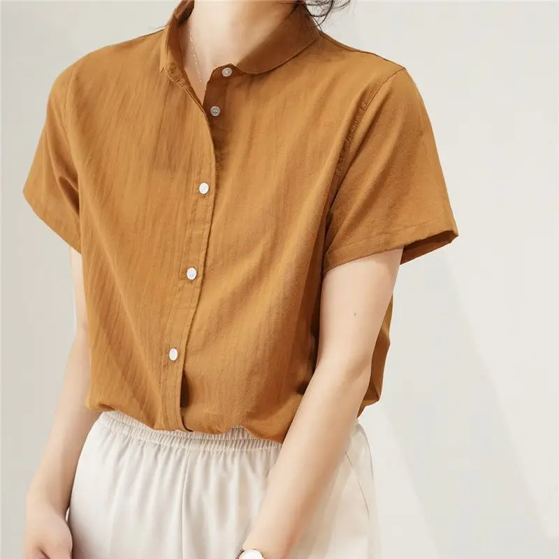 Vintage Button Loose Blouse Summer New Short Sleeve All-match Simplicity Solid Color Shirt Tops Casual Fashion Women Clothing