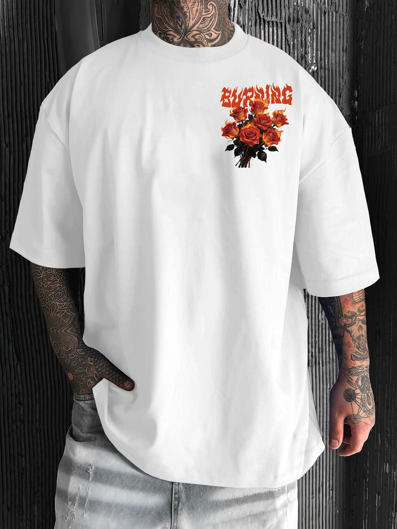 Vintage Streetwear Men's Oversized Relaxed Fit Long Sleeve Graphic Flame Rose Print Tee Casual Daily Urban Street Fashion Wear