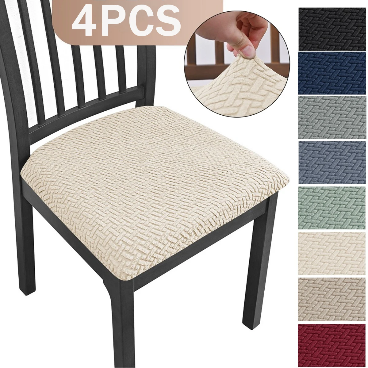 

4pcs Jacquard T-shaped Striped Grid Double Elastic Chair Covers/Removable Washable Upholstered Dining Room Cushion Slipcovers