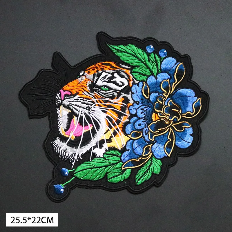 Large Peony Tiger Size: 25.2x22CM Patch Iron On For Clothes Motorcycle Patch Embroidered Patches For Clothing Sticker Stripe