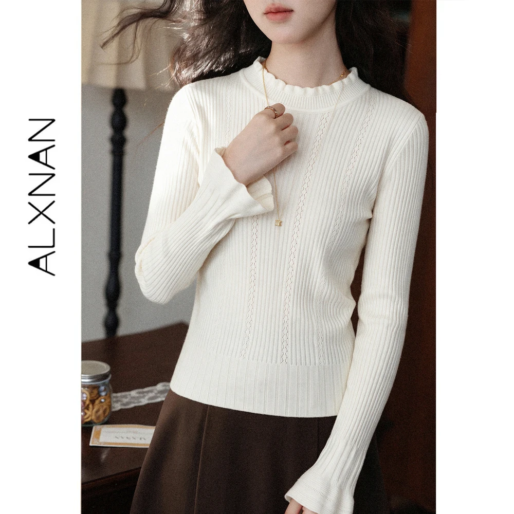 ALXNAN Ruffle Mock Neck Pullover for Women Autumn Flare Sleeve Slim-fit Sweater 2026 Fashion Casual Knit Top Ladies L680269A