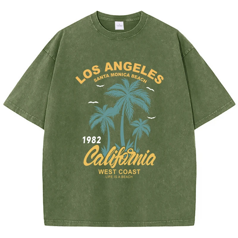 Three Coconut Trees By The Seaside Printing Womans Washed T-Shirts Loose Breathable O-Neck Cotton Tops Casual Female Clothes