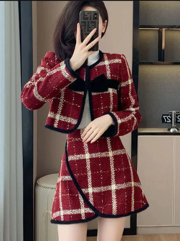 Formal Thicke Plaid Coat+Skirt Women Spring Autumn New Chic Set Women's Fashion Long Sleeve Loose Plaid Skirt Two-Piece Suit