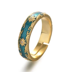 Palace Noble Enamel Peacock Green Drop Glaze New Silver Color Resizable Opening Ring For Women Luxury Jewelry Gift