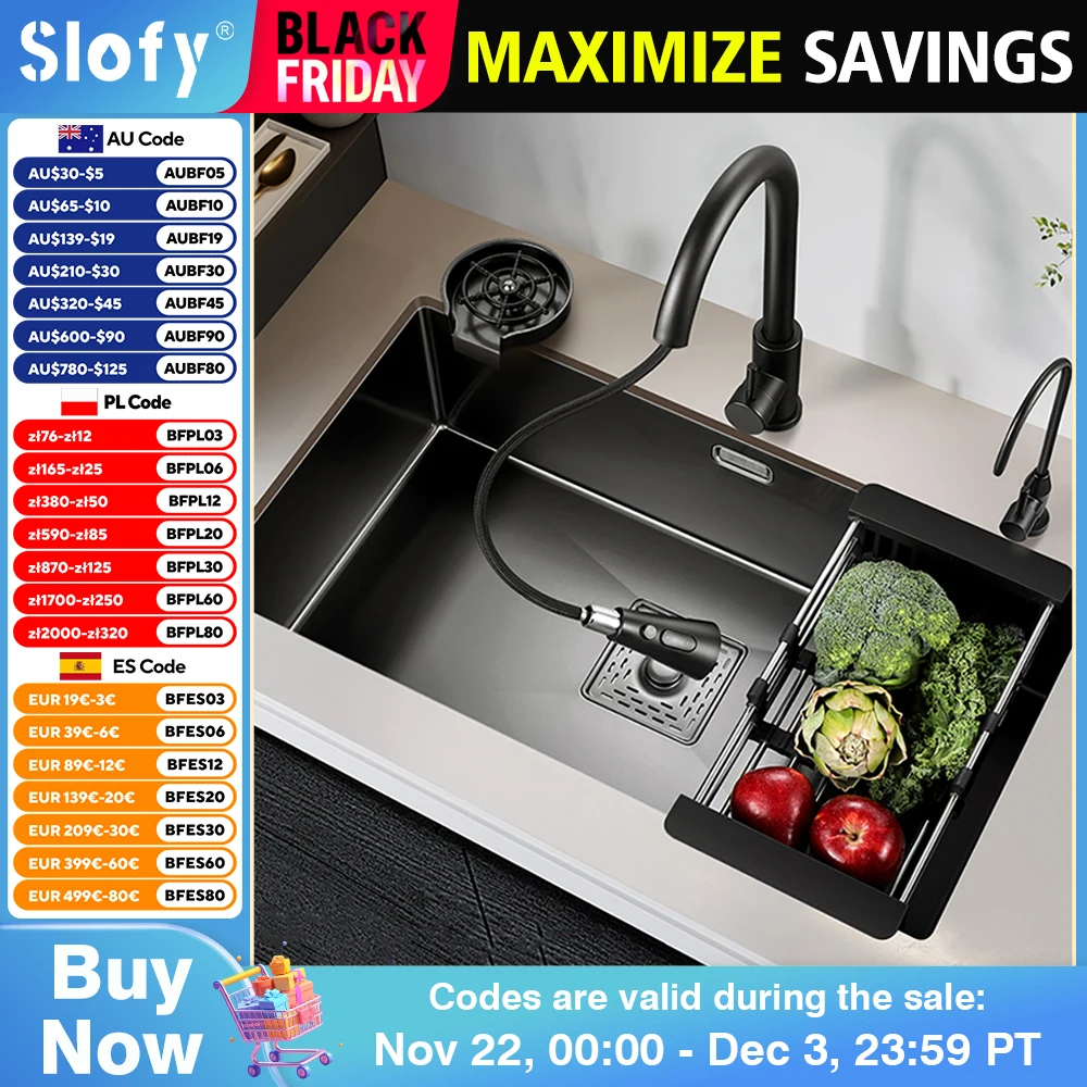 Black Kitchen Wash Basin Nano Sink Large Single-slot 304 Stainless Steel Sink Above Counter/Udermount Drain Faucet Accessories