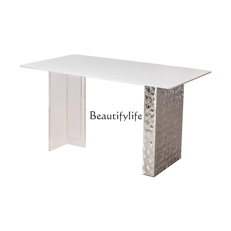 

-Crystal white rock slab dining table rectangular household small apartment