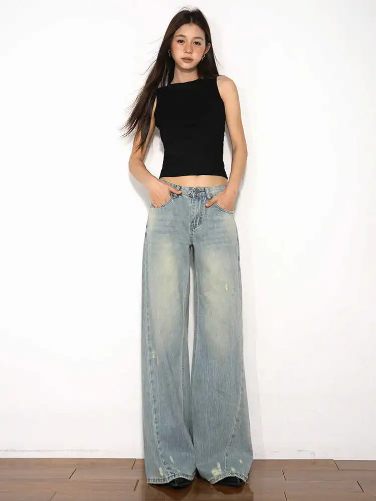 

Jeans Women Blue Vintage High Waisted Straight Denim Trouser Y2K 90s Hip hop American Streetwear Wide Leg Classic Denim Pants