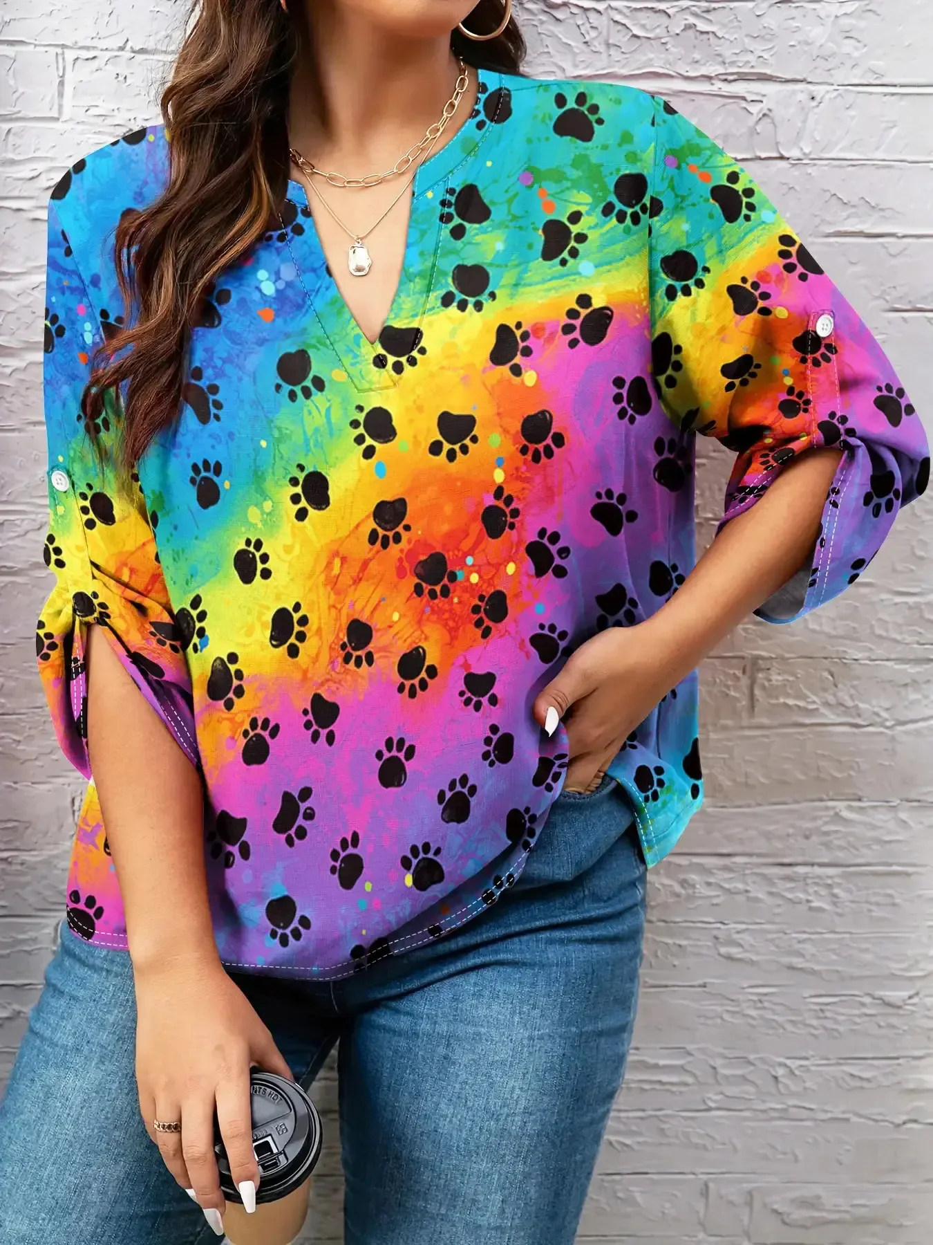 CLOOCL Colorful Paws Printed Women T-shirt V-neck Long Sleeved Shirts Oversized Streetwear Tops Women Plus Size Clothing