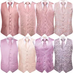 Hi-Tie Wedding Coral Pink Men's Vest Silk Tie Set, colete Jacquard ajustável, jaqueta, gravata, abotoaduras Hanky, presentes de festa formal