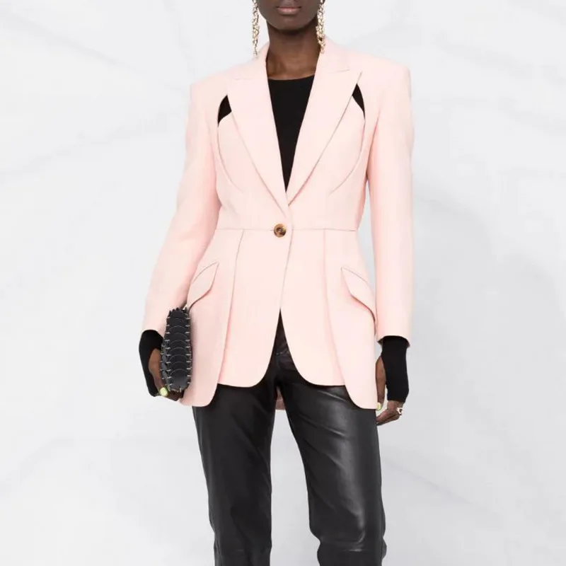 Blazer à manches longues à un bouton pour femme, revers découpés imbibés, resserrement de la taille, rose élégant, noir, nouveauté, en stock