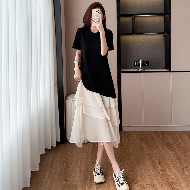 YZJNH 2026 Summer New Dress Women's Korean Version Loose Round Neck Short Sleeved Dress Spliced Chiffon Hem Plus Size Dress
