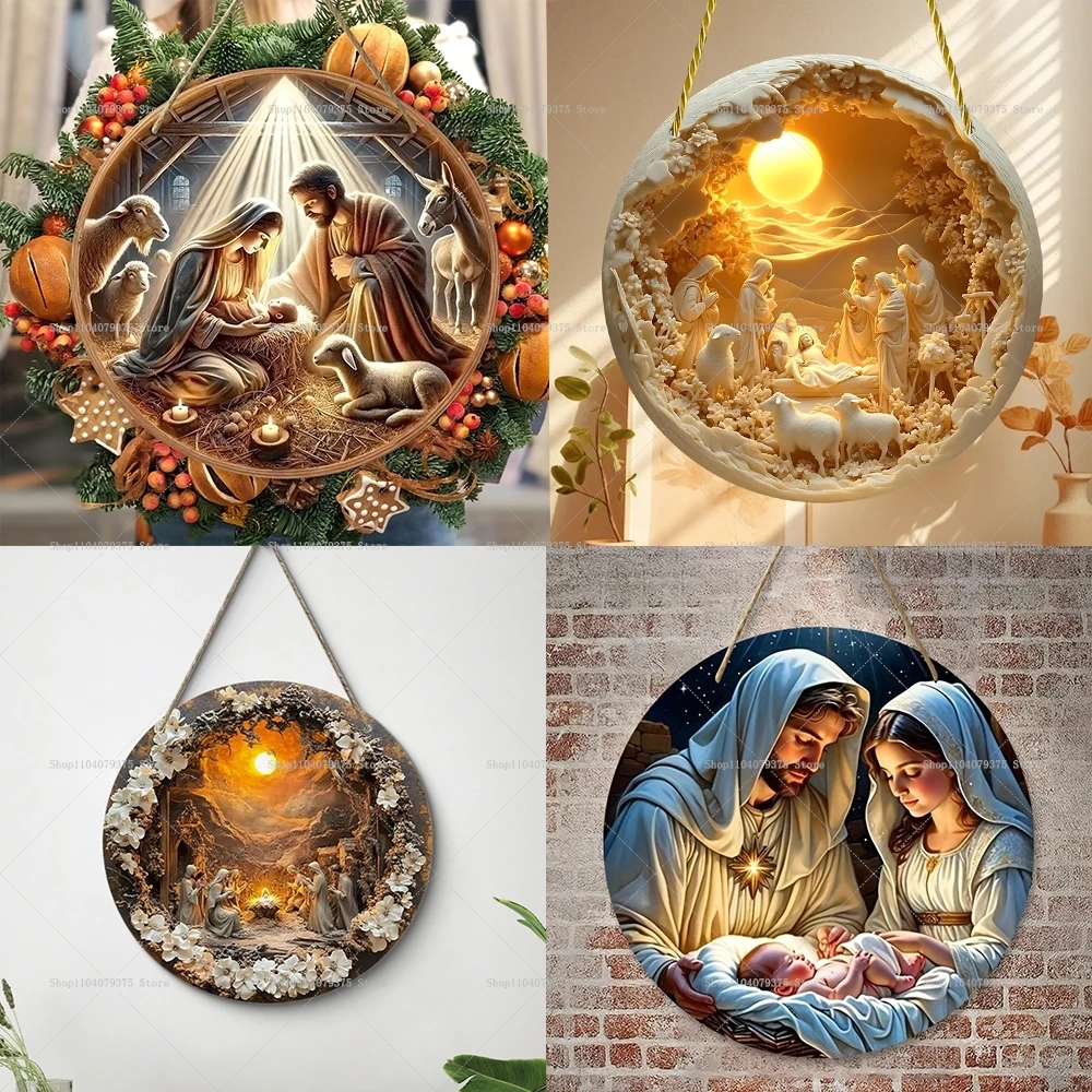 Escena de Natividad, letrero de madera, guardia, corona navideña de Jesús, letrero redondo para puerta de iglesia, decoración colgante de pared, regalo Ideal para cristiano