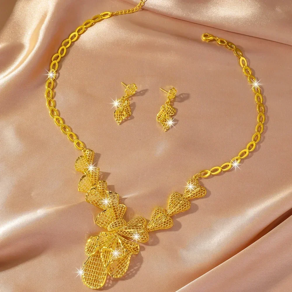 GoldAether Luxury 24K 9999 Pure Gold real gold Middle East Bride Unique Flower Necklace Earrings Set Chaingift