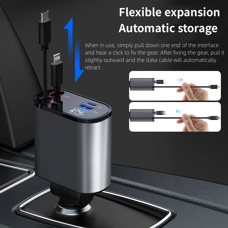 4 in 1 120W Car Charger Retractable Car Cigarette Lighter Adapter USB Type C Fast Charger Cable For IPhone Xiaomi Huawei Samsung