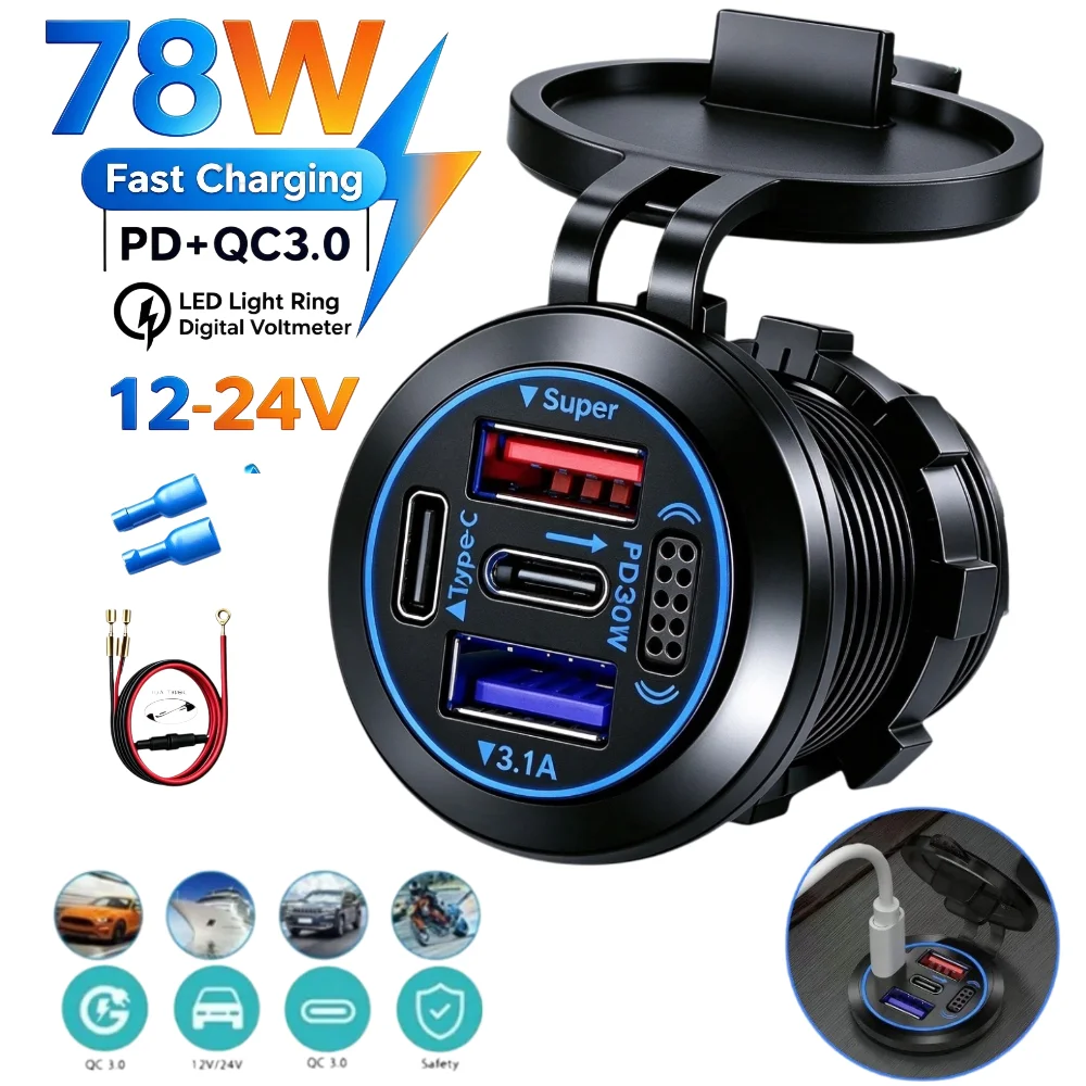 NEW 12V-24V Embedded Car Charger Socket PD30W QC3.0 4 Ports Fast USB C Charger Waterproof Power Outlet for Motorcycle RV  Truck