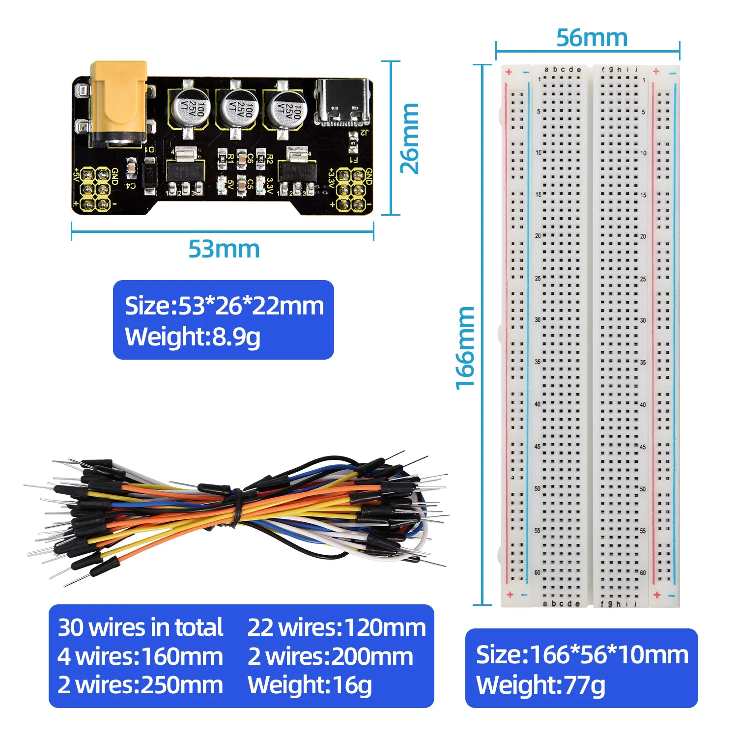 KEYESTUDIO Type-C Power Supply Module+830/400 Holes Breadboard+Jumper Wires for Arduino Breadboard Projects DIY Electronic Kit