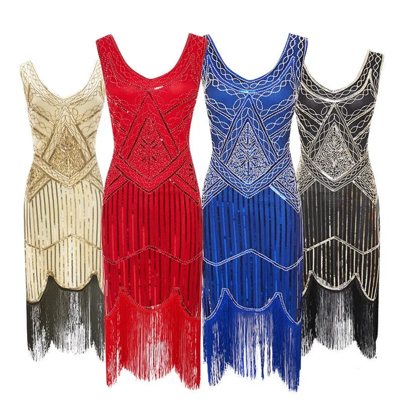 

Women Party Dress 1920 s Great Gatsby Flapper Vestidos Sequin Bead Fringe Dress Evening V Neck Embellished Fringed Sleeveless