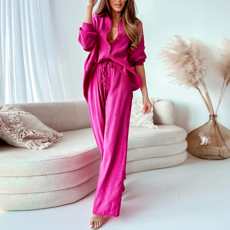 2024 Summer New Casual Office Lady Shirt Set Loose Shirt Top And Elastic Waist Wide Leg Pants Two piece Set Solid Women Outfit