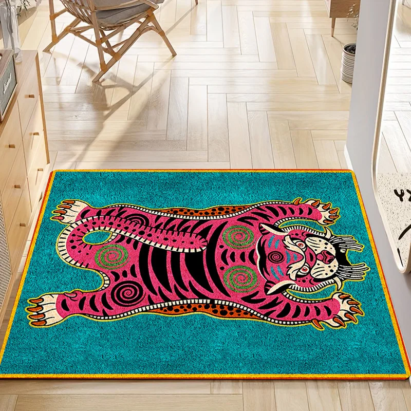 Retro Tiger Welcome Door Mat with Pattern Mat Rugs for Kitchen Bathroom Checkered Border Bedroom Home Decoration Carpet