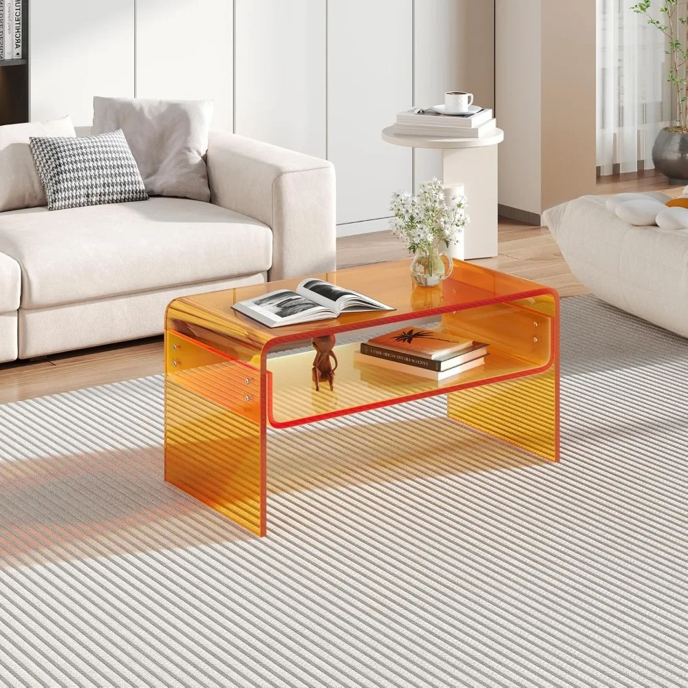 طاولة قهوة أكريليك، أثاث طاولة جانبية من الأكريليك مستطيلة برتقالية، طاولة شاي حديثة مع مساحة تخزين مفتوحة، طاولة نهاية أكريليك لـ L