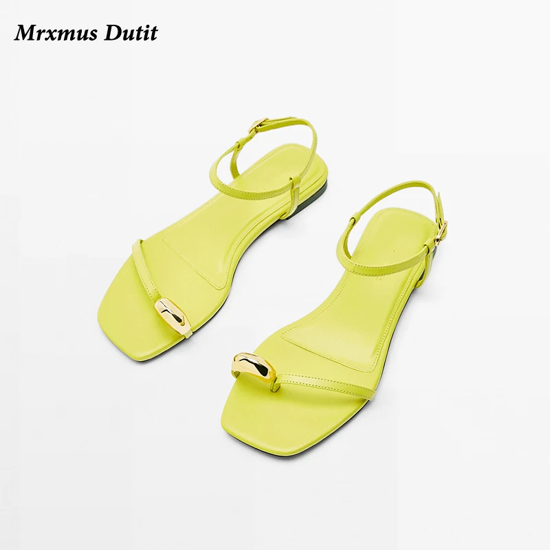 Mrxmus Dutit 2024 Summer Fashion New Women Genuine Leather Fine Ribbon Square Head Flats Simple Sandals Casual Shoes Female Chic