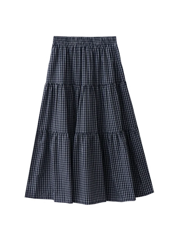 2025年夏新作 ヴィンテージ風 ラフスタイル Aライン チェック柄 ケーキスカート レディース ハイウエスト ゴムウエスト ロングスカート カジュアル 着回し抜群 綿00%