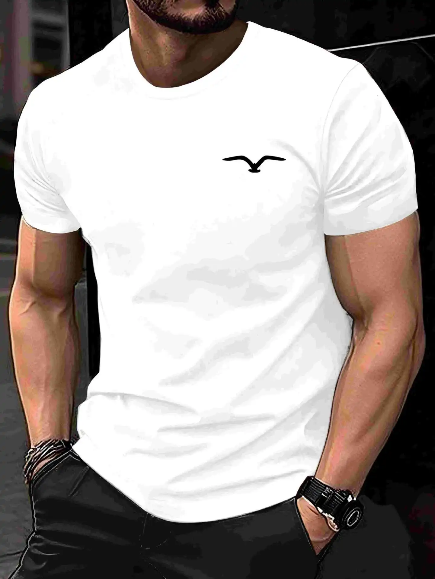 Men's 100% cotton summer loose and comfortable Bird Graphic printed slim fit casual sports round neck short sleeved T-shirt top