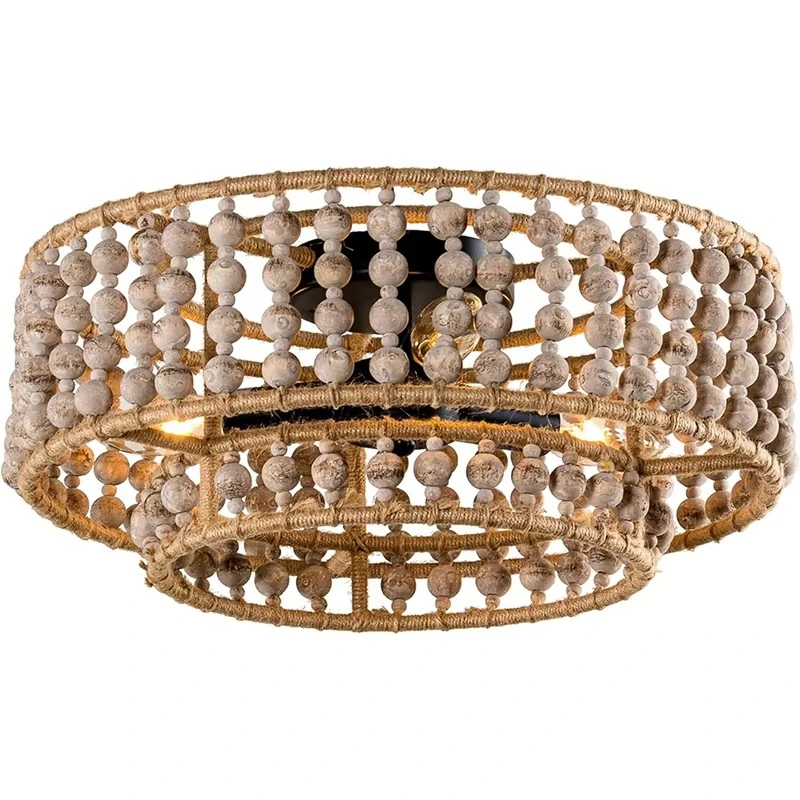 

Bedroom dining room with 3 lights wooden beaded recessed ceiling lamp retro round hemp rope chandelier lamp