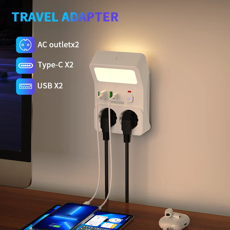 Wall Socket Power Strip with 2 AC Outlets 2 USB Ports 2 Type-C EU Plug Charger Electrical Switch For Home Power Socket