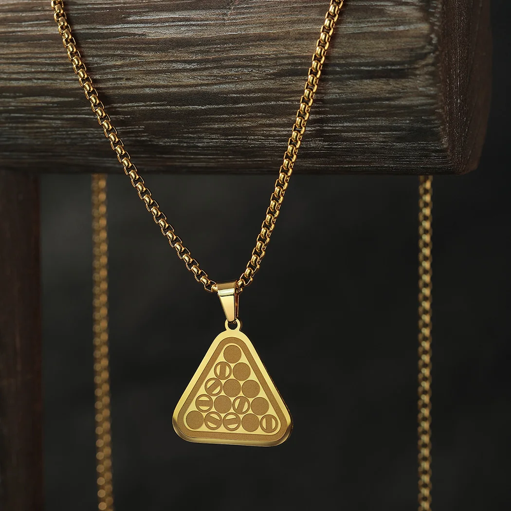 Kinitial Trendy Triangle Pendant Necklace For Men Women Billiards Balls Pool Table Geometric Male Stainless Steel Chain Necklace