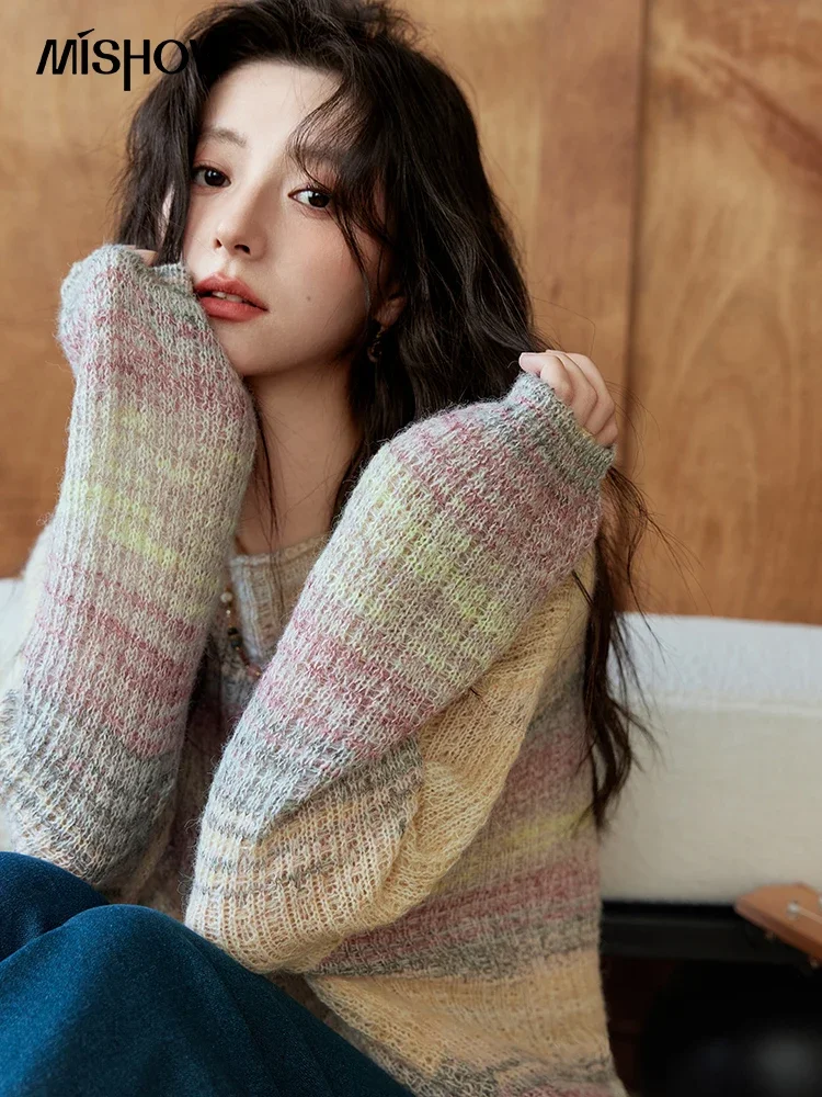 MISHOW Gradient Color Hollow Soft Pullover Sweaters Women 2024 Autumn Loose Long Sleeve Boat Collar Knitted Sweater MXD44Z0836