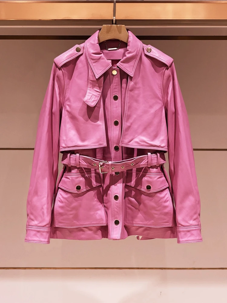 Vintage Motorcycle Style Leather Coats Women 2025New High Quality Pink PU High Waist Jacket Fall/Winter Elegant Fashion Coat Top