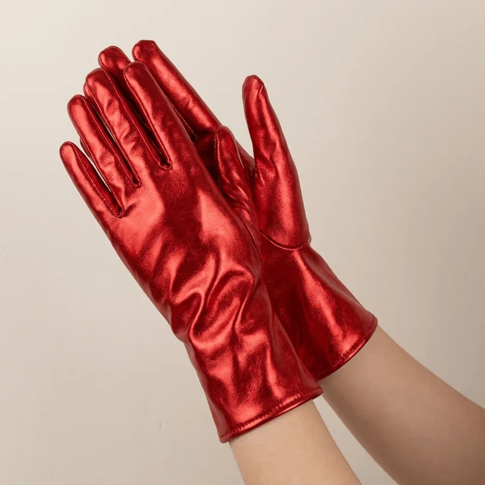 Slim Solid Color Patent Leather Gloves Elastic Cloth Short Gloves Gothic Sun Protection Women Mittens Halloween Cosplay