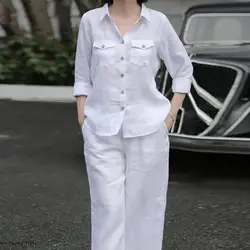 2 Pcs/Set Pants Top Set Lapel Single-breasted Long Sleeve Outifits Loose Casual Daily Commute Shirt Trousers Set 여성용 세트