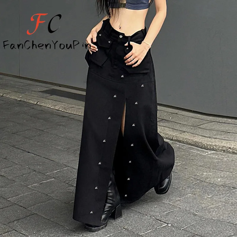 Nowe spódnice damskie Vintage Crop Rivet Split Pocket Black Long Skirt Sexy Side Slits High Waist A-line Ankle-Length Skirt 2024