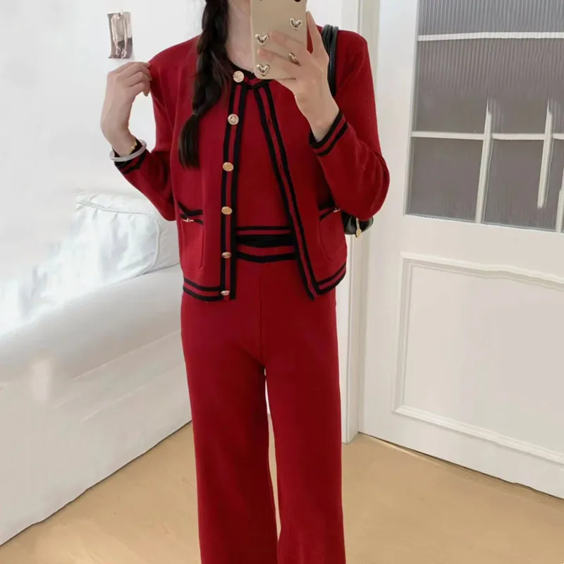 French style small fragrant style slim fit knitted cardigan sweater+fashionable suspender+casual wide leg pants three piece set