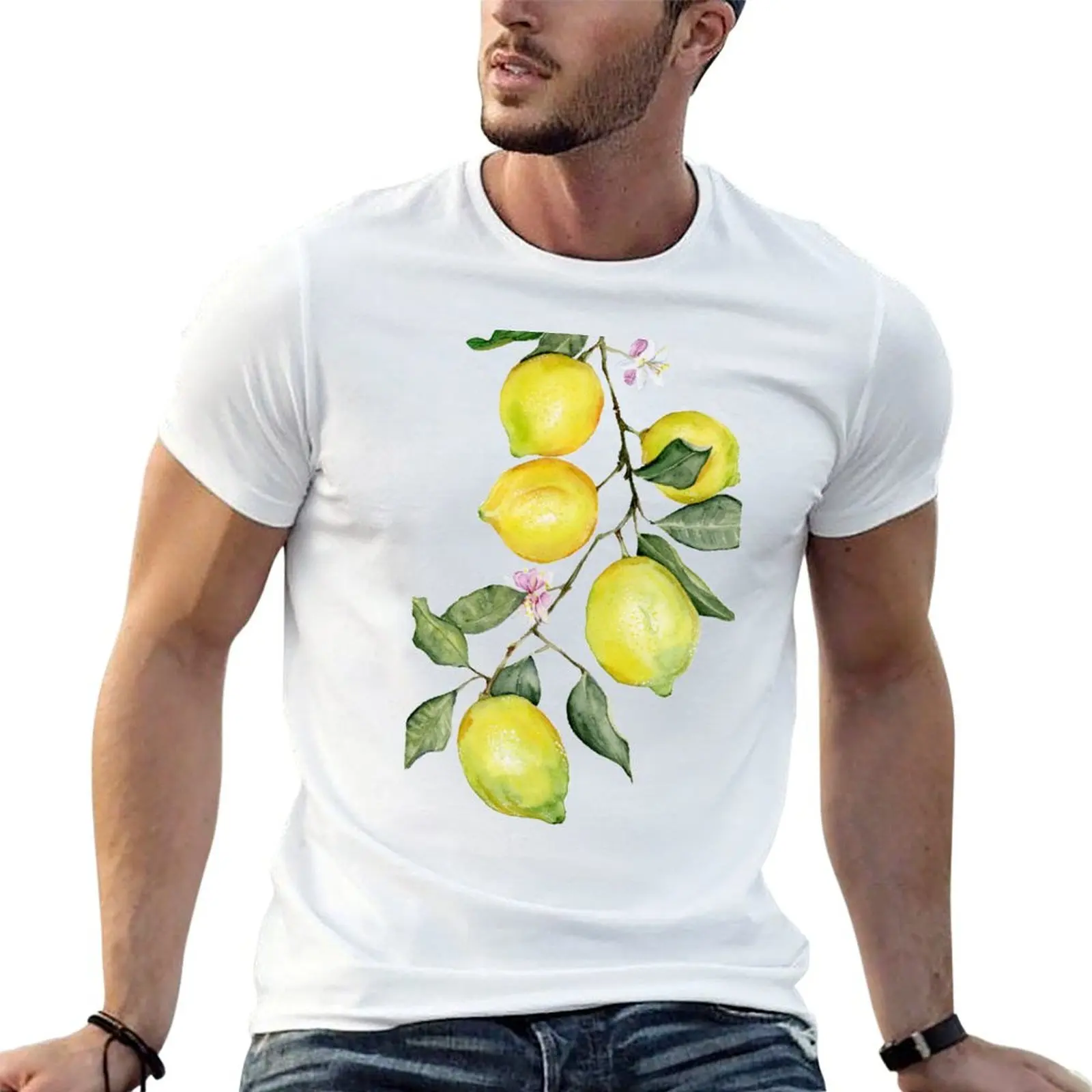 Lemons and Blossoms Watercolor T-Shirt Plus Size Summer Casual T-Shirt
