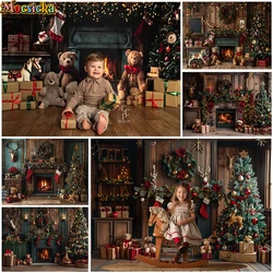 Mocsicka Santas Workshop Backdrops Kids Family Photography Fireplace Christmas Trees Wreath Red Socks Backgrounds