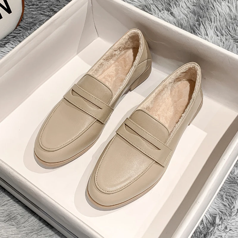

Solid Color Warm Plush Loafers Round Head Cover Heels Flats Fall Casual Women Shoes Soft Sole Zapatos Mujer