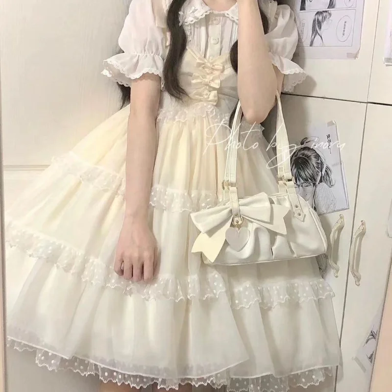 Summer Set Female Student Doll Collar Shirt+Cute Bow White Mesh Strap Skirt Single Piece