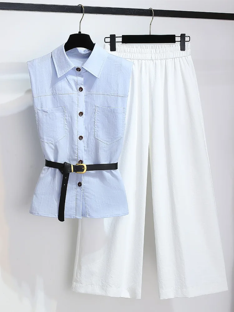 

2025 Sleeveless Waist Shirt Wide Leg Pants New Women's Summer 2-piece Set