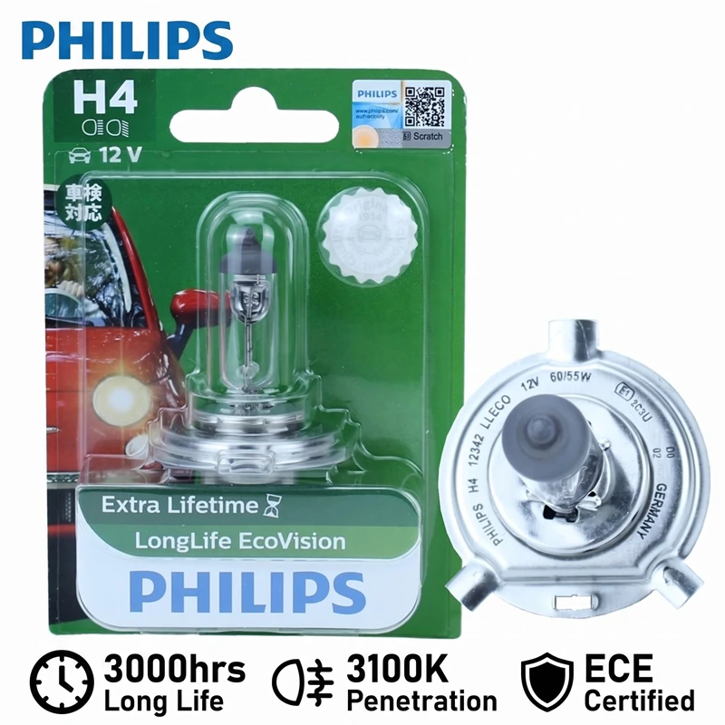 Philips H4 12V 60/55W LongLife EcoVision Car Original Halogen Headlight 3000h Auto Lamp Genuine ECE PX26d 12342LLECO B1