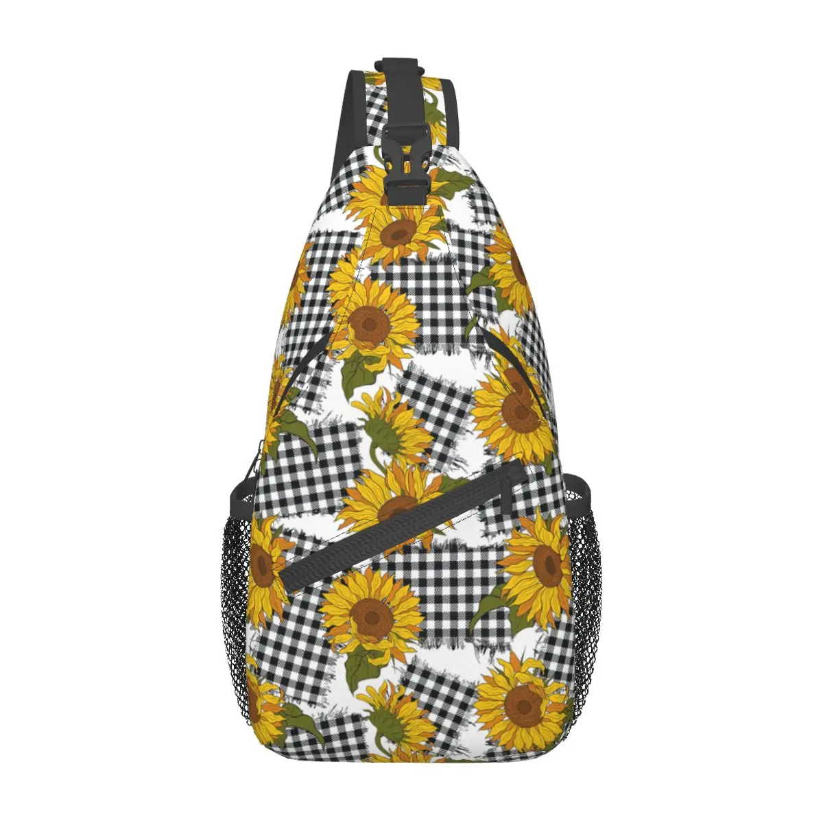 Sunflower Flowers Crossbody Sling Bags Men Women Chest Bag Checkered Patches Shoulder Backpack Daypack Travel Hiking Cycling Bag