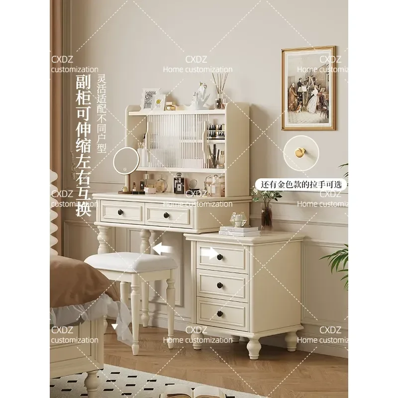 French Cream Style Solid Wood Makeup Table Retractable Bedside Chest Dresser Storage Cabinet for Small Apartment Bedroom