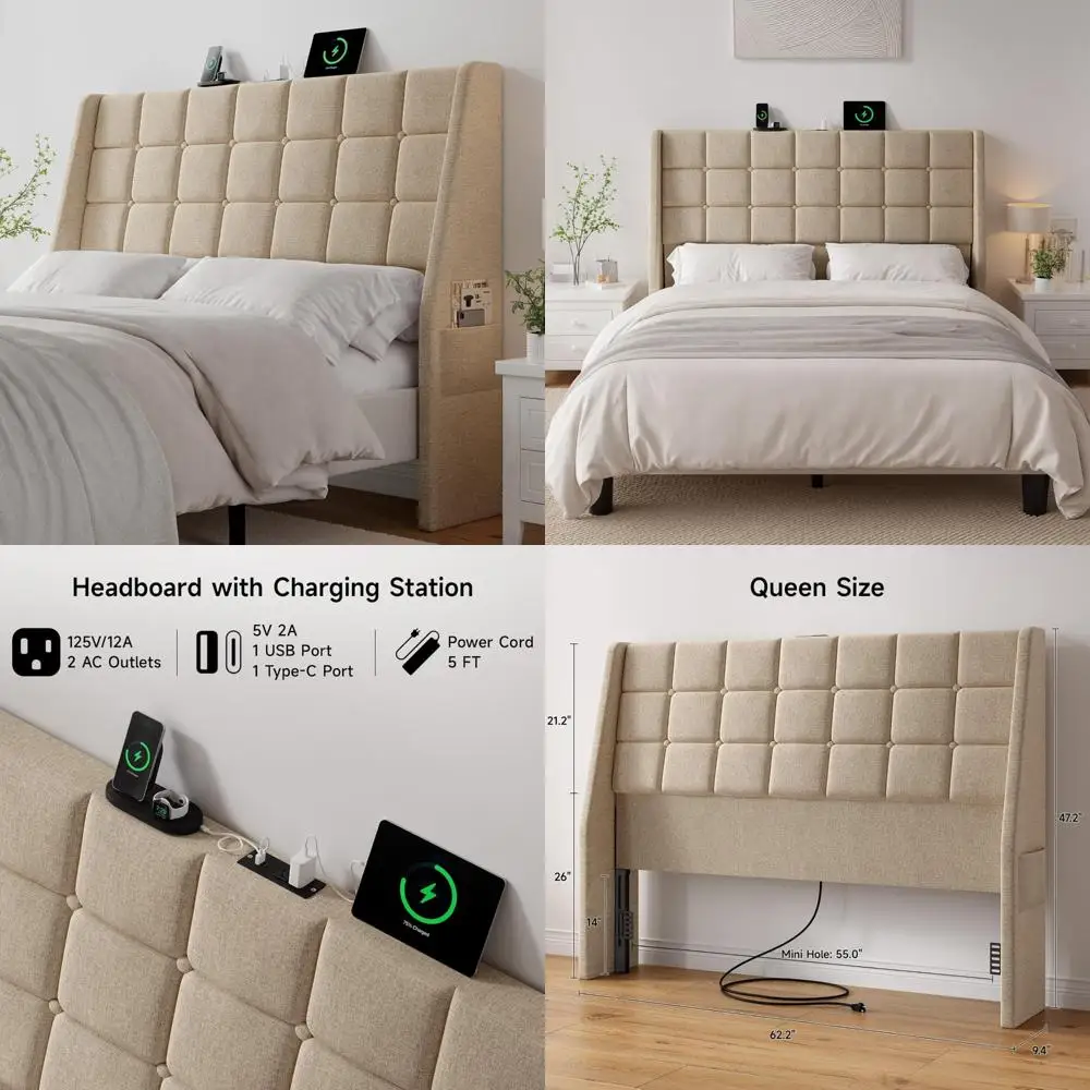 Queen Size Upholstered Headboard with Charging Station and Linen Wingback Headboard with Storage Pockets