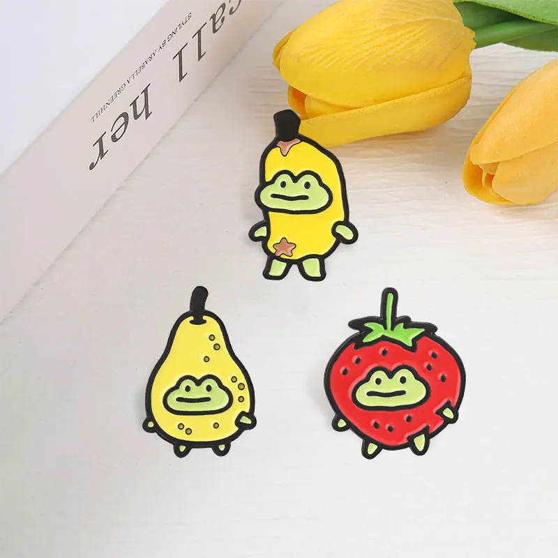 Niedliche Frucht-Frosch-Erdbeer-Bananen-Birnen-Emaille-Abzeichen Lustige Tier-Cartoon-Pins Broschen Anstecknadel-Set Geschenk für Freunde – Detail 7