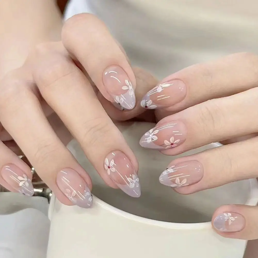 Long Almond and Ballerina False Nails Flowers Colorful Love Heart French Press on Nails Purple Pink Crystal Detachable