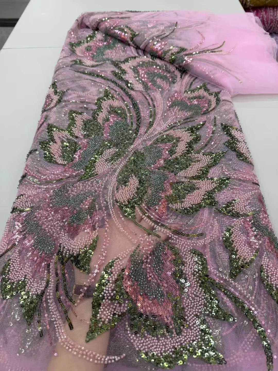 

Pink African Sequins Lace Fabrics High Quality 5 Yards Embroidery French Nigerian Tulle Lace Fabric For Wedding Party W673-1